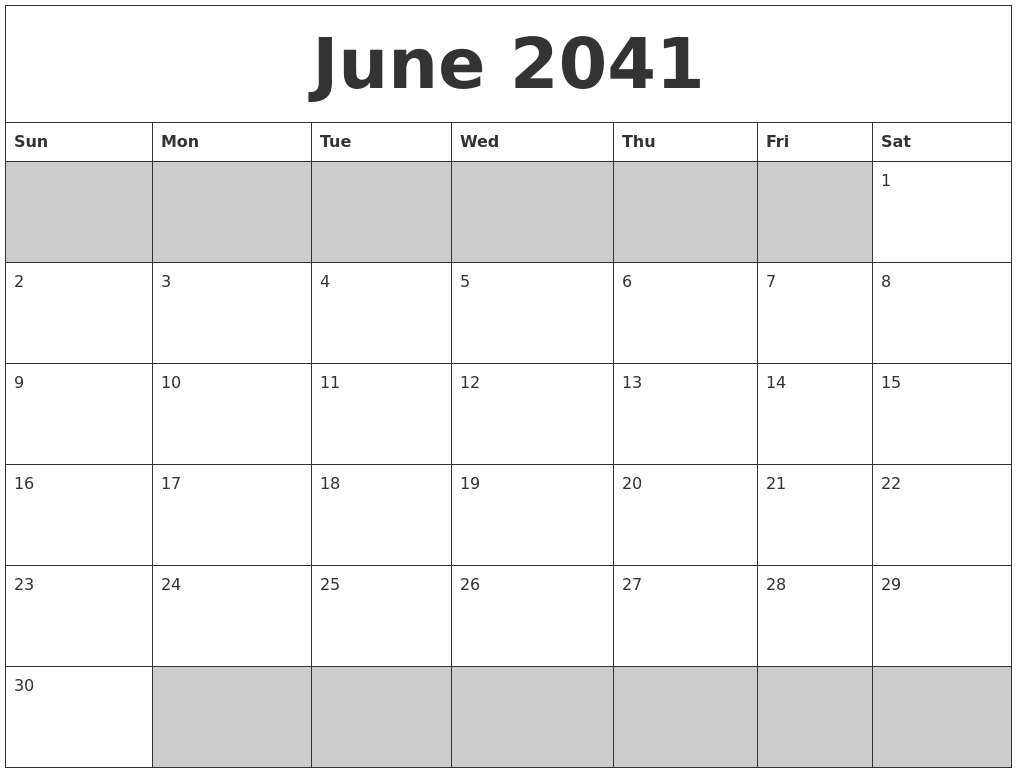 June 2041 Blank Printable Calendar