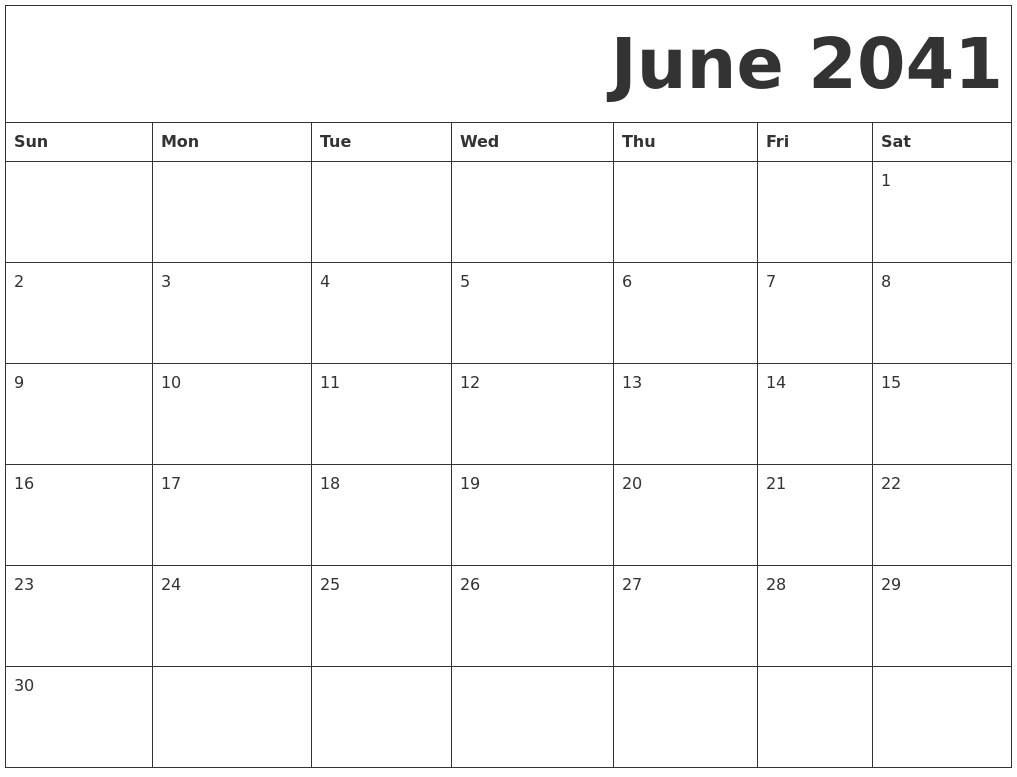 June 2041 Free Printable Calendar