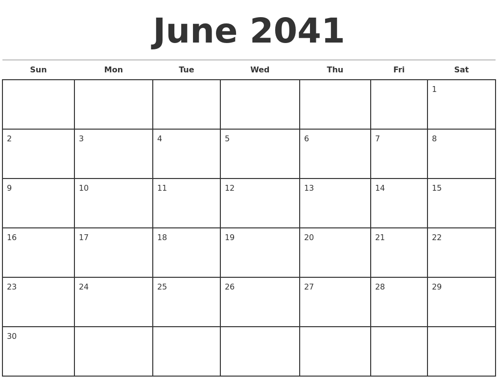 June 2041 Monthly Calendar Template