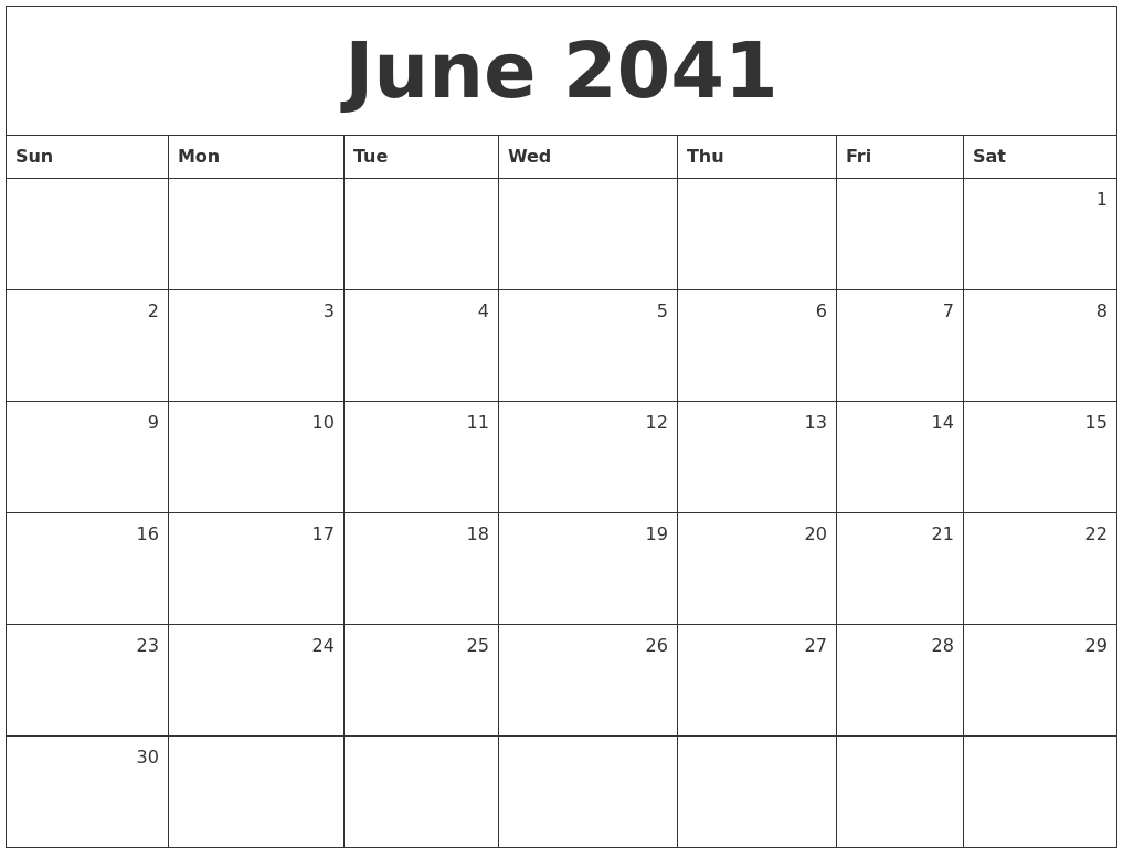June 2041 Monthly Calendar