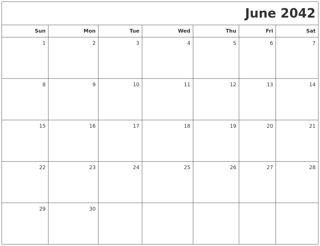 June 2042 Printable Blank Calendar