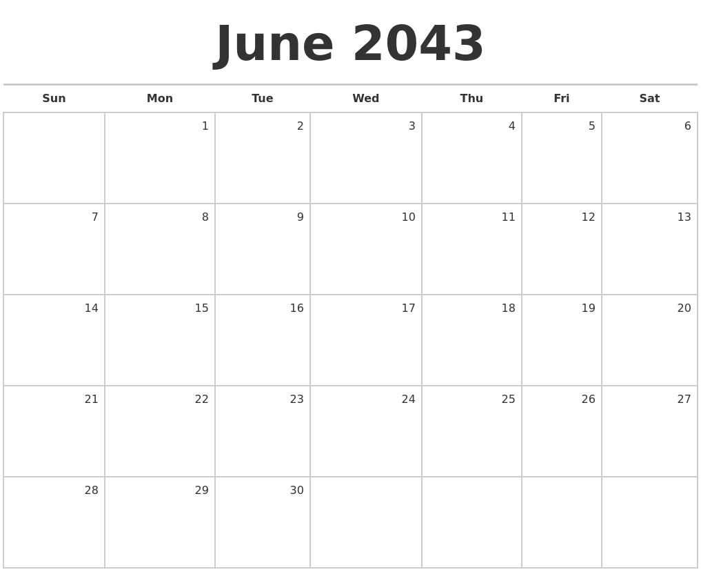 June 2043 Blank Monthly Calendar