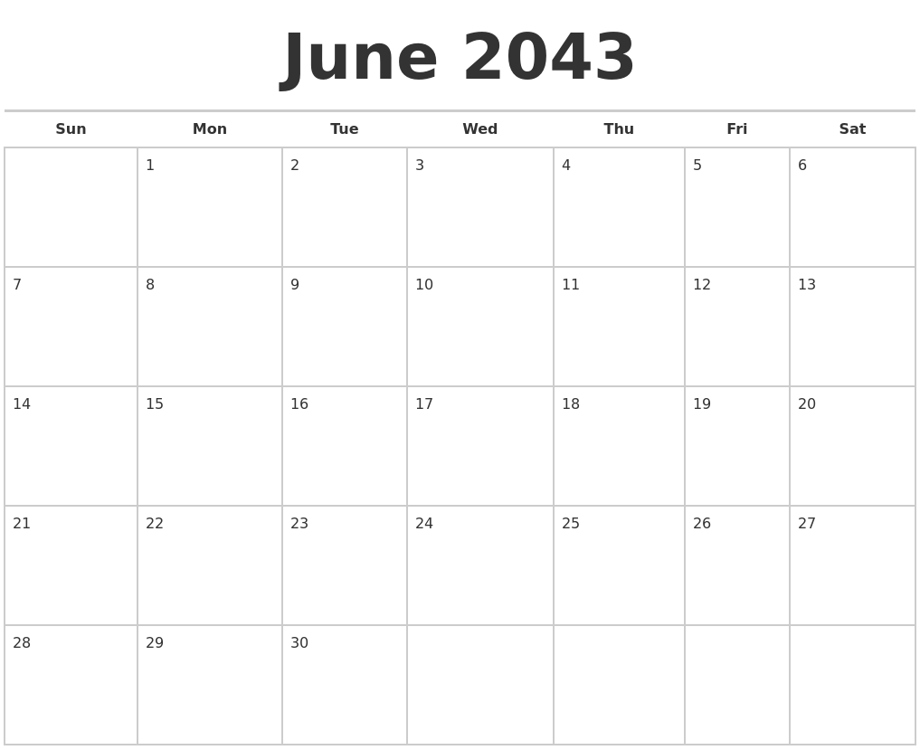 June 2043 Calendars Free