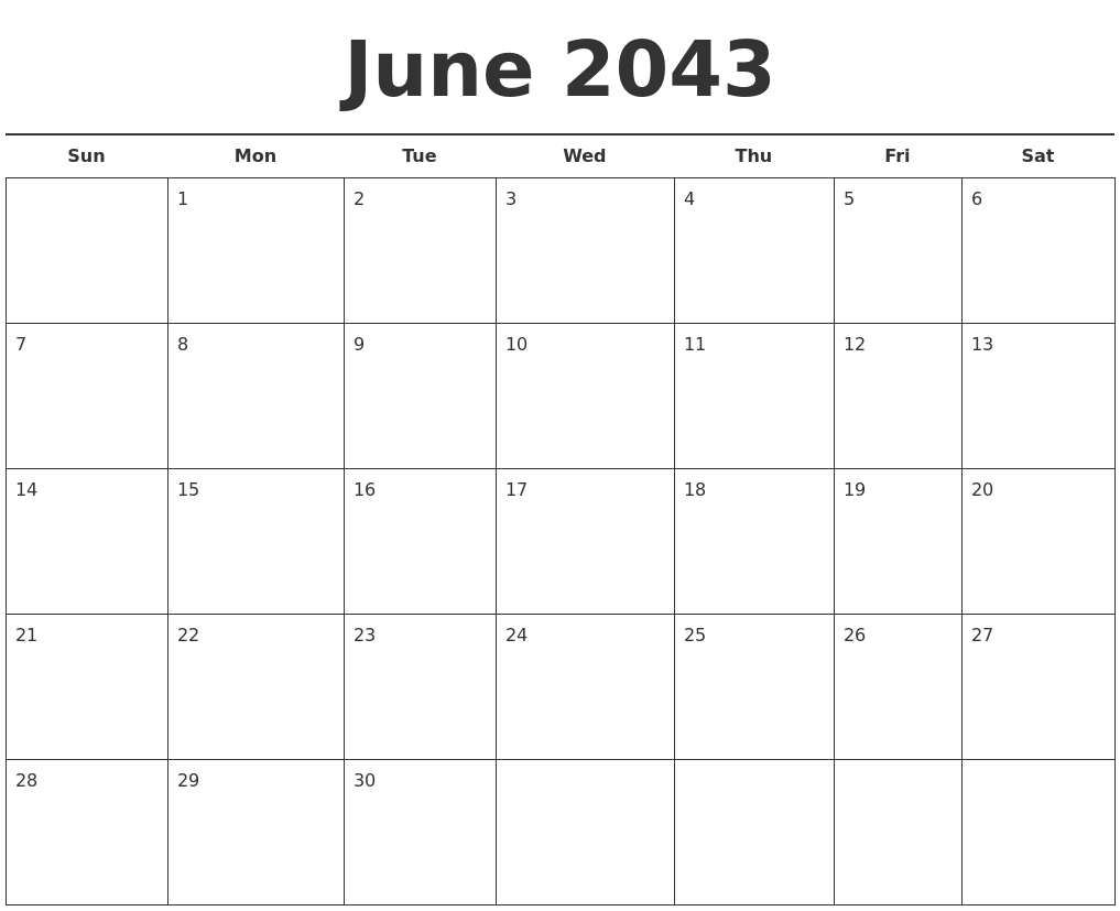 June 2043 Free Calendar Template