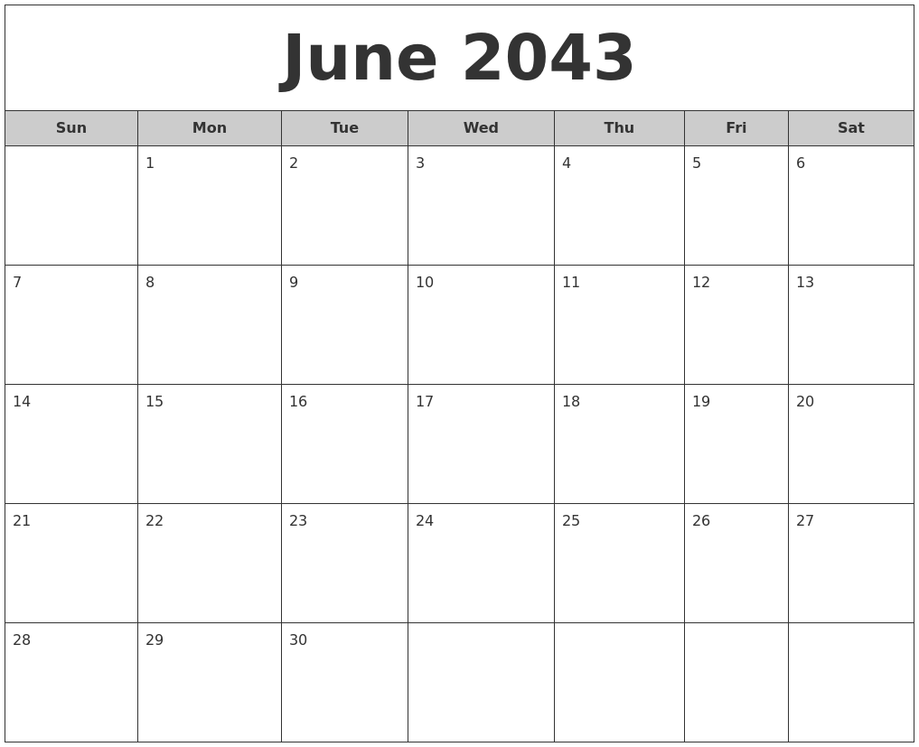 June 2043 Free Monthly Calendar