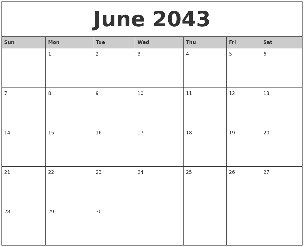 June 2043 Monthly Calendar Printable