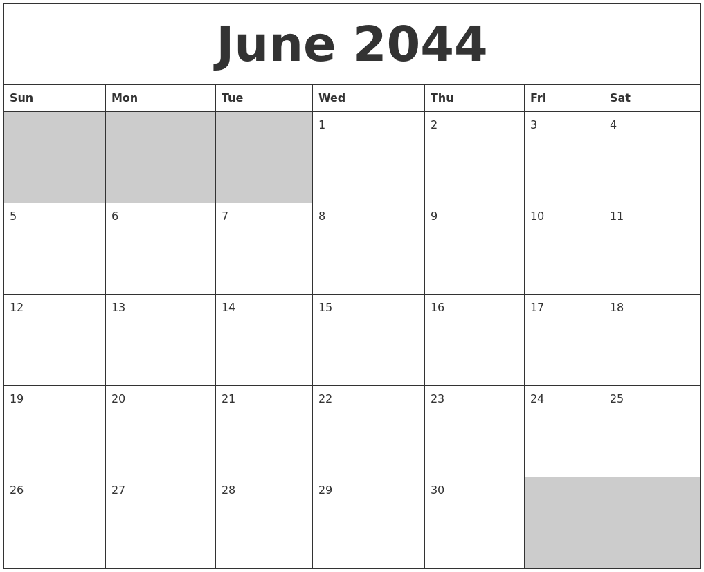 June 2044 Blank Printable Calendar