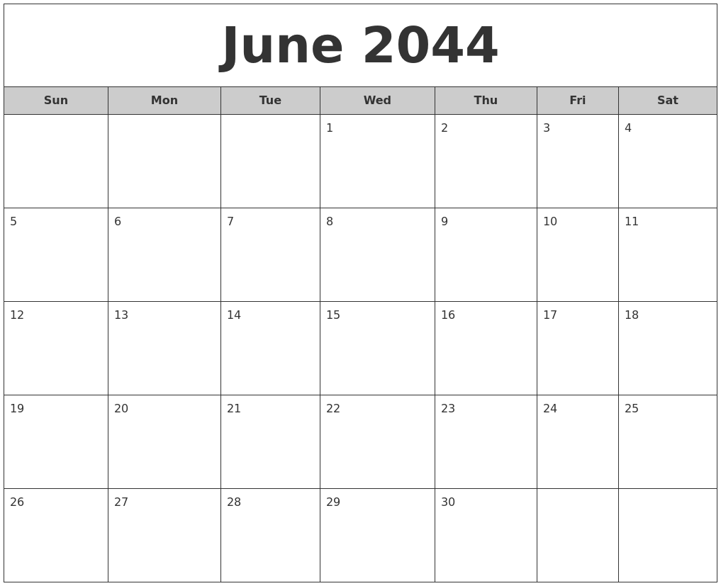 June 2044 Free Monthly Calendar