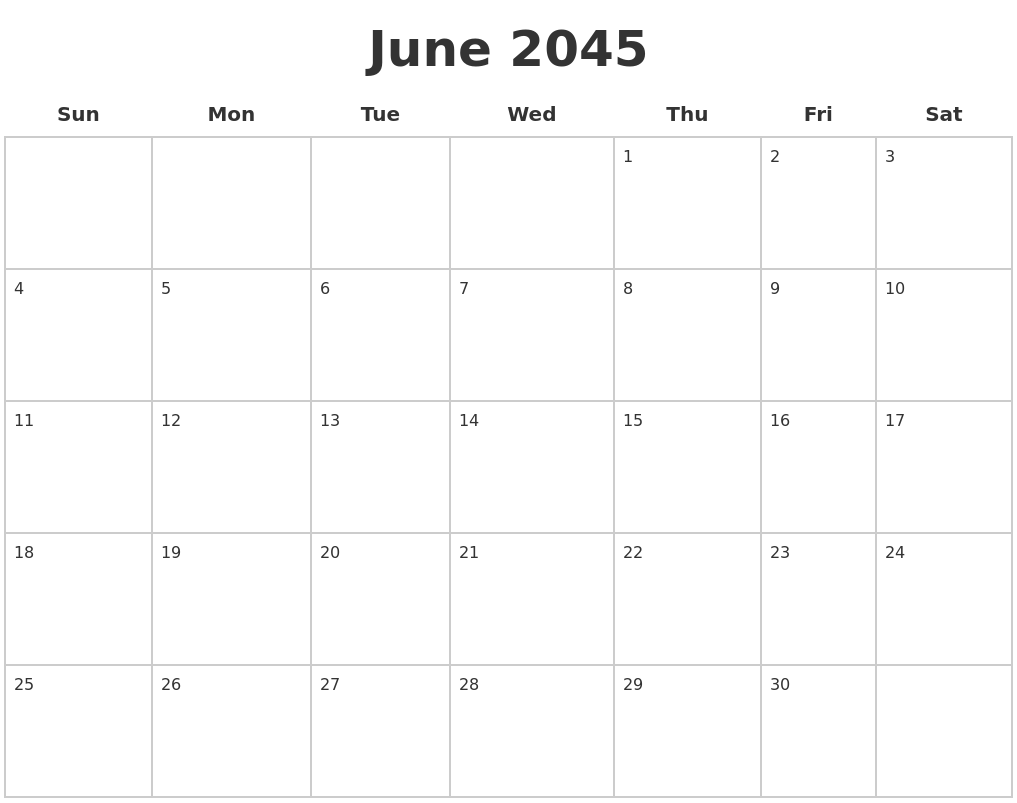 June 2045 Blank Calendar Pages