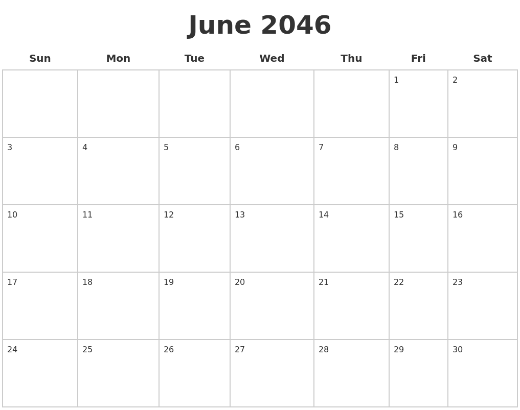 June 2046 Blank Calendar Pages