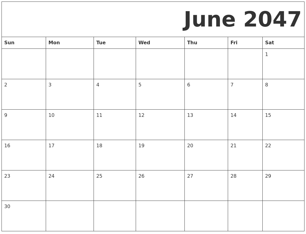 June 2047 Free Printable Calendar