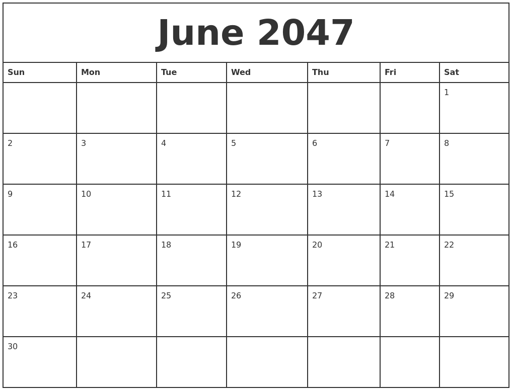 June 2047 Printable Monthly Calendar