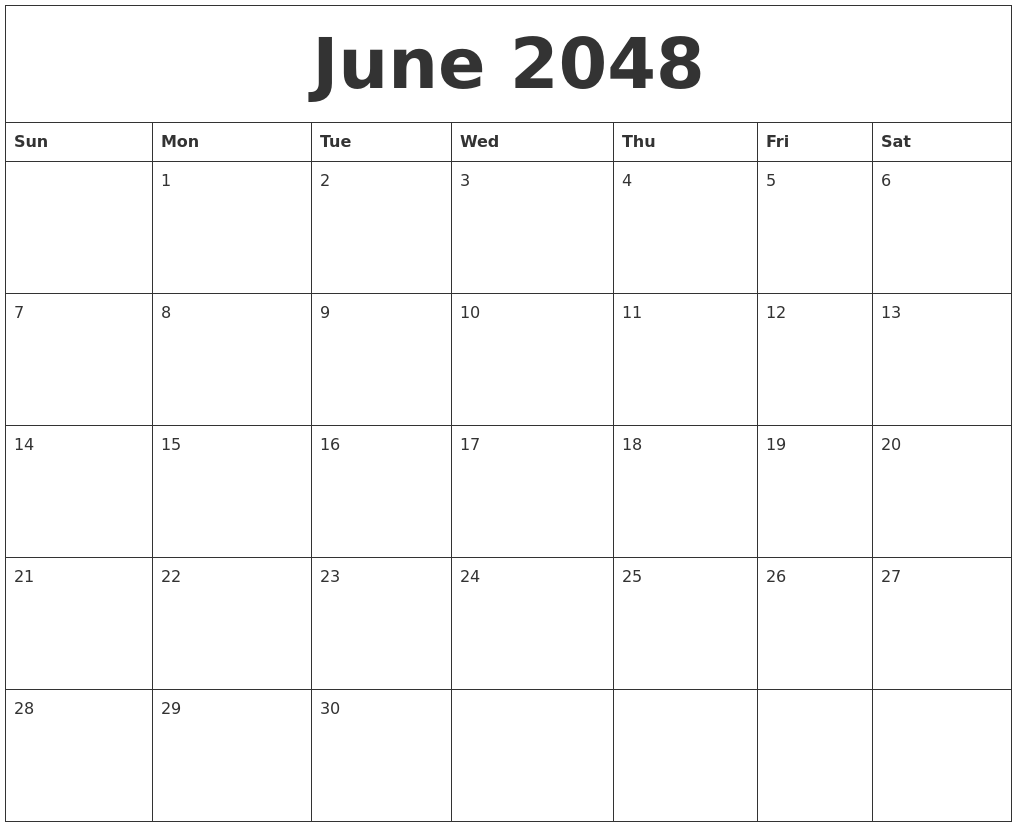 June 2048 Print Blank Calendar