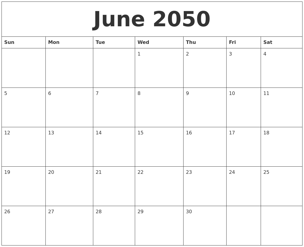 June 2050 Blank Calendar To Print