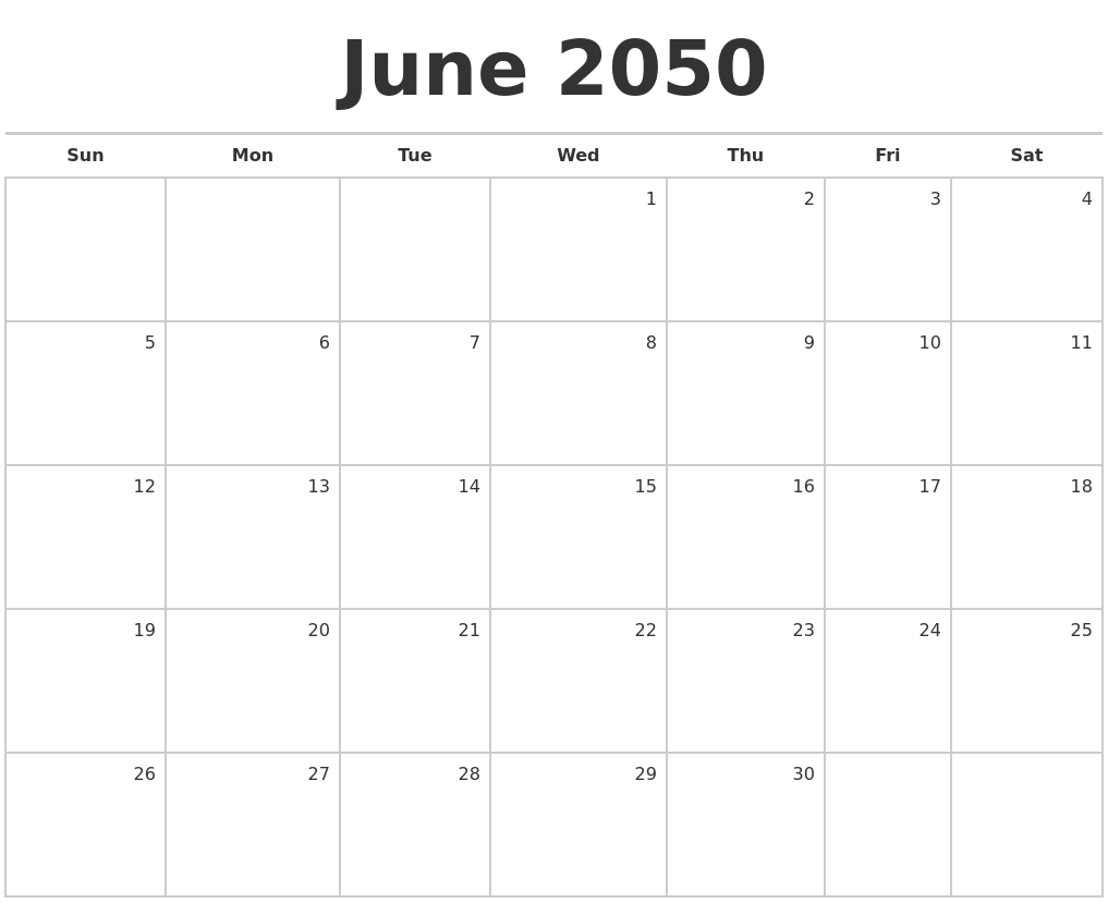 June 2050 Blank Monthly Calendar
