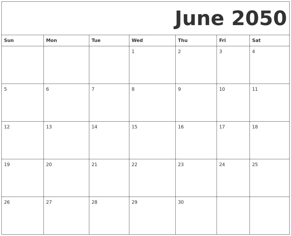 June 2050 Free Printable Calendar