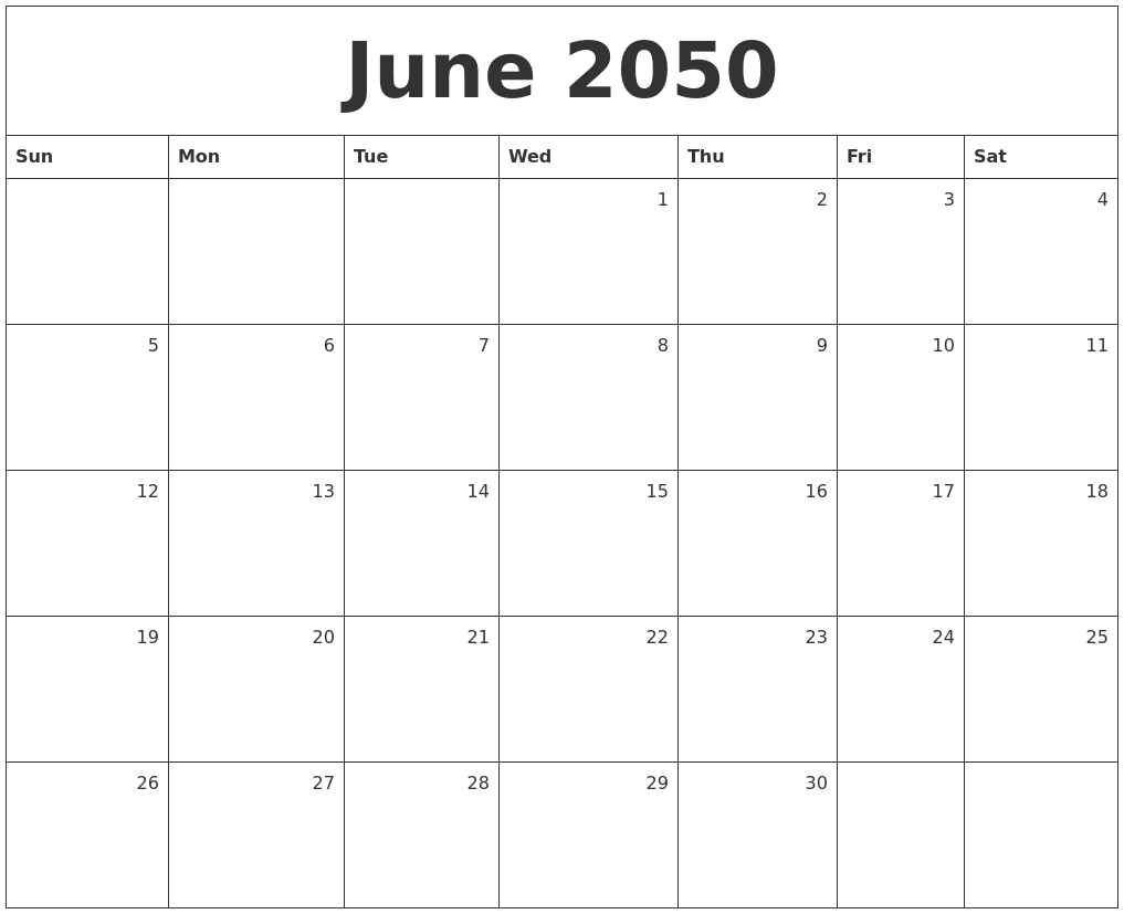 June 2050 Monthly Calendar