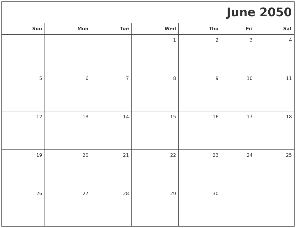 June 2050 Printable Blank Calendar