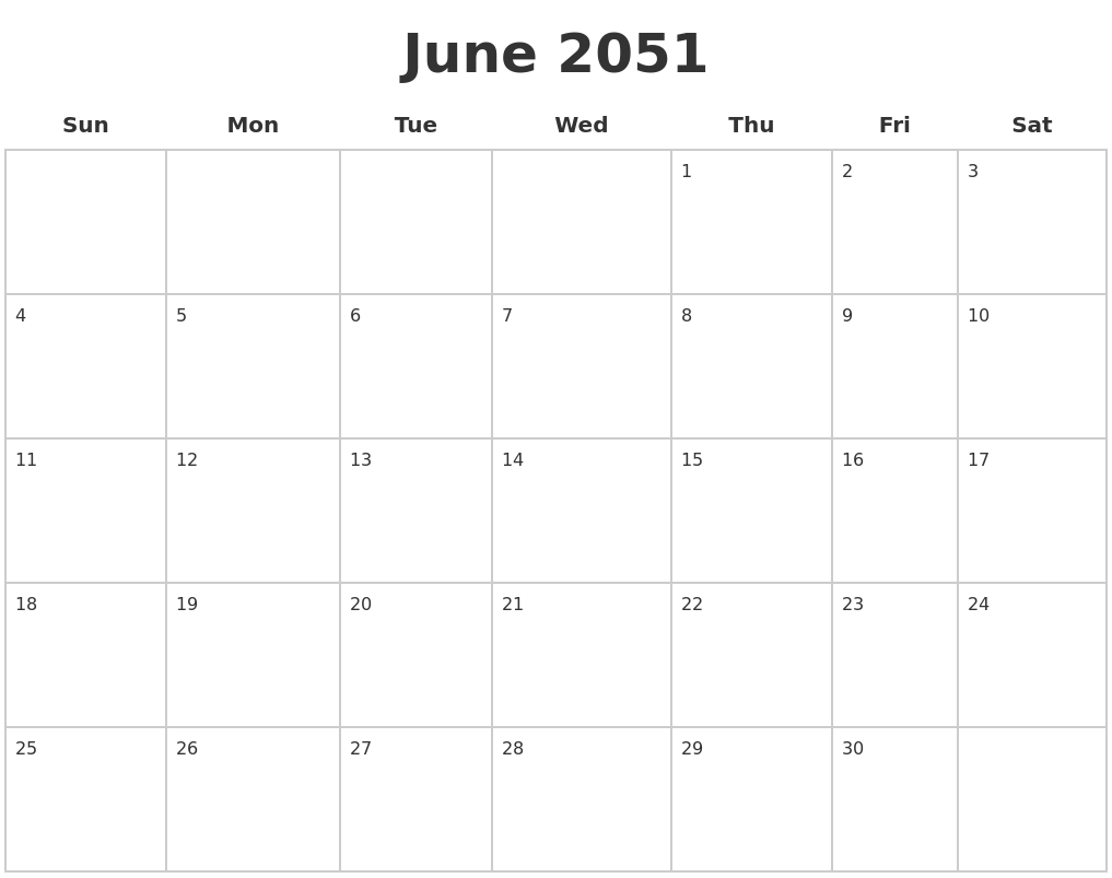 June 2051 Blank Calendar Pages