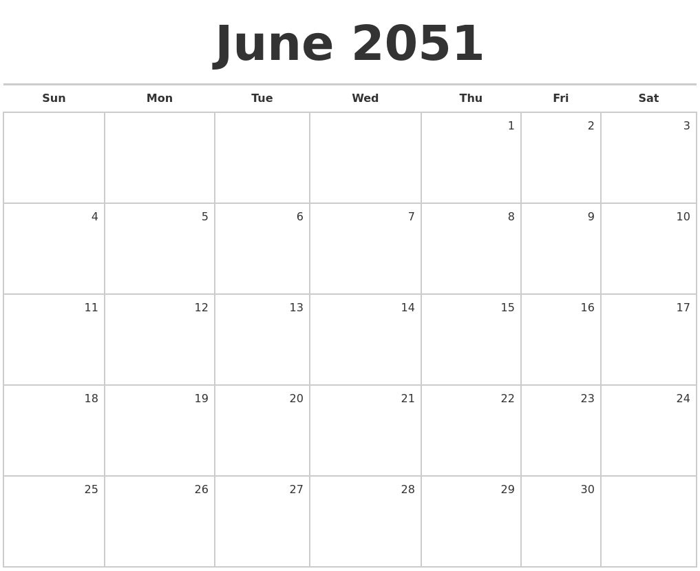 June 2051 Blank Monthly Calendar