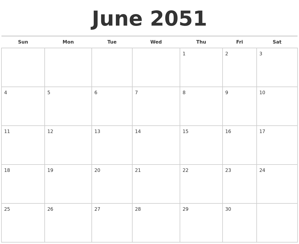 June 2051 Calendars Free