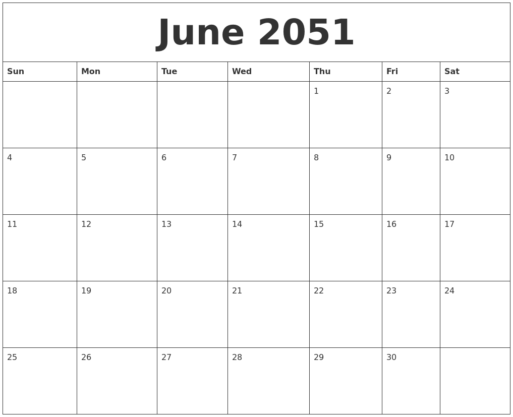 June 2051 Editable Calendar Template