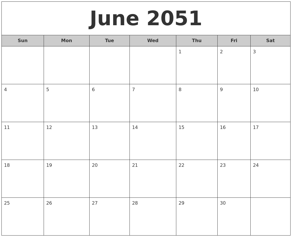 June 2051 Free Monthly Calendar