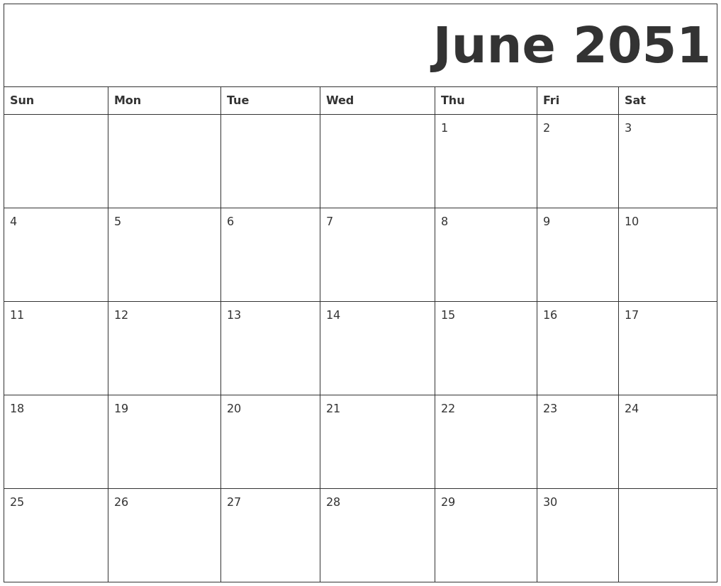 June 2051 Free Printable Calendar