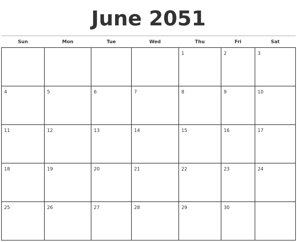 June 2051 Monthly Calendar Template