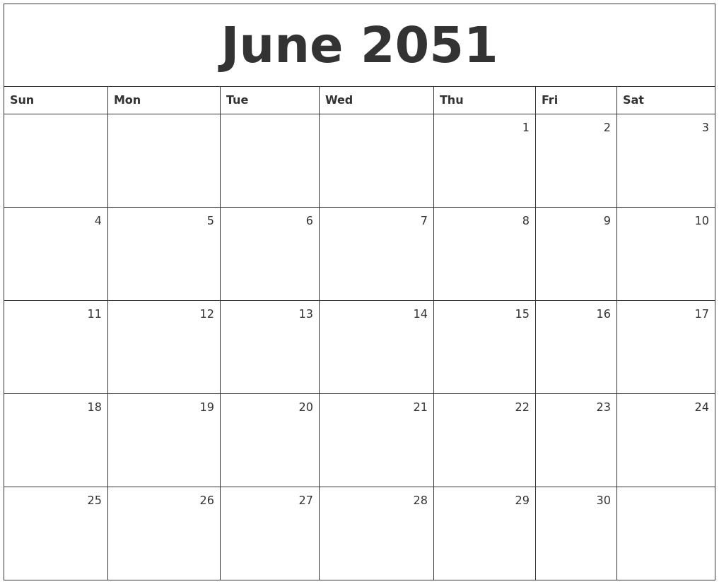 June 2051 Monthly Calendar