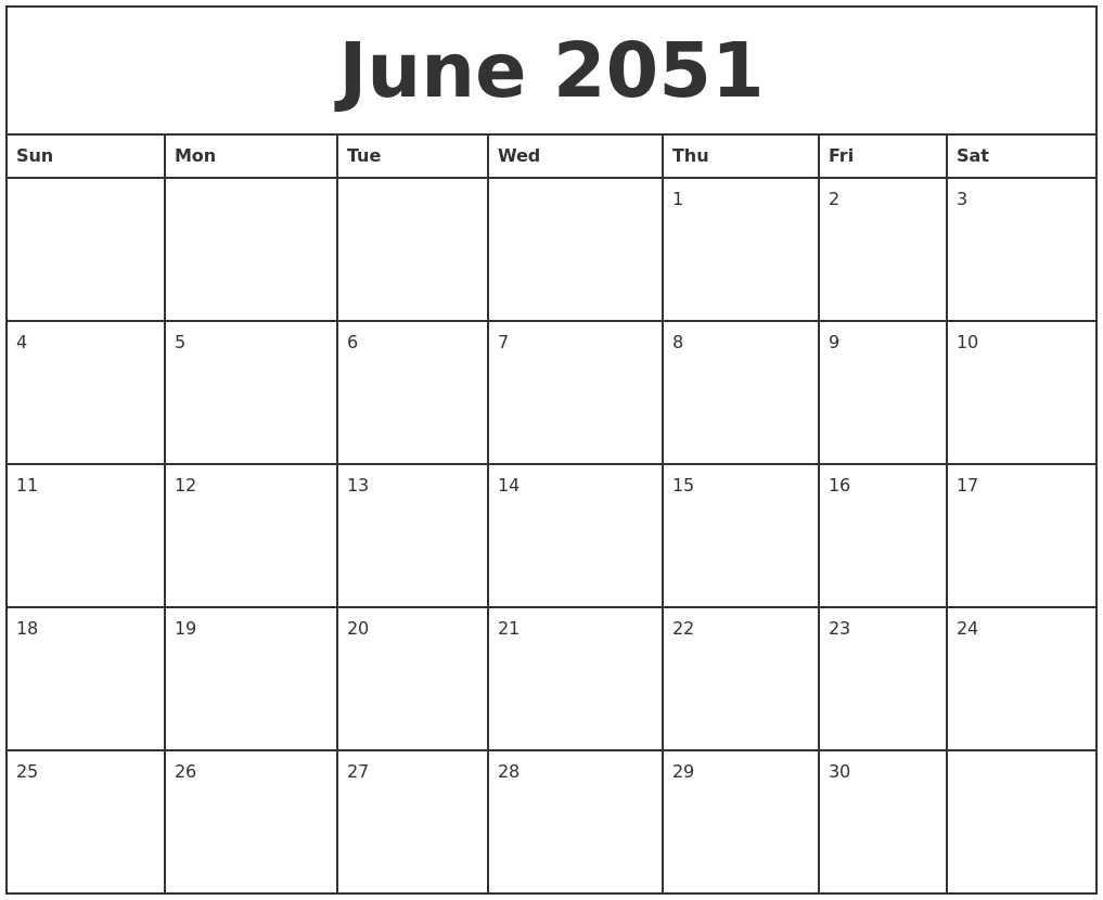 June 2051 Printable Monthly Calendar