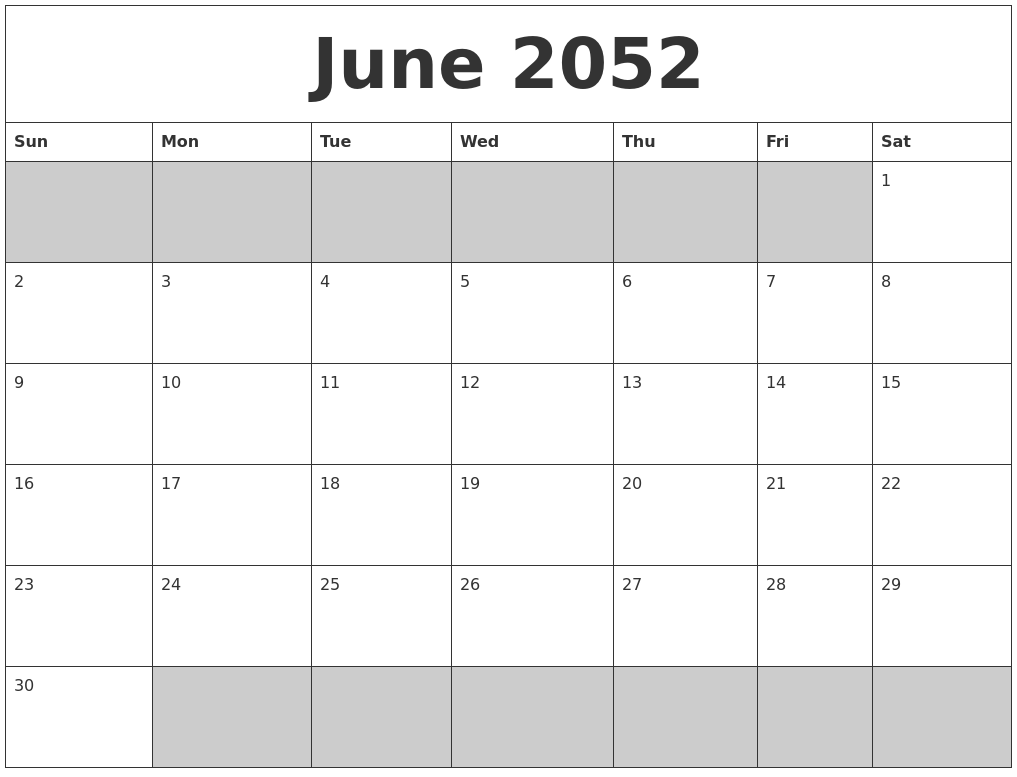 June 2052 Blank Printable Calendar