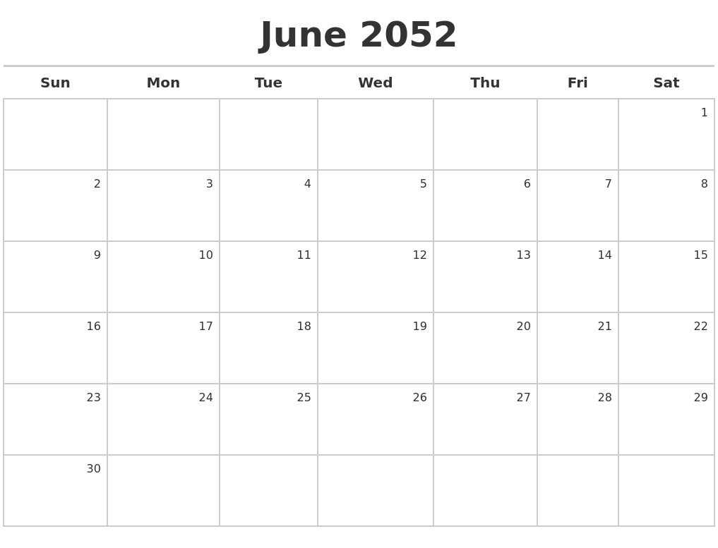 June 2052 Calendar Maker