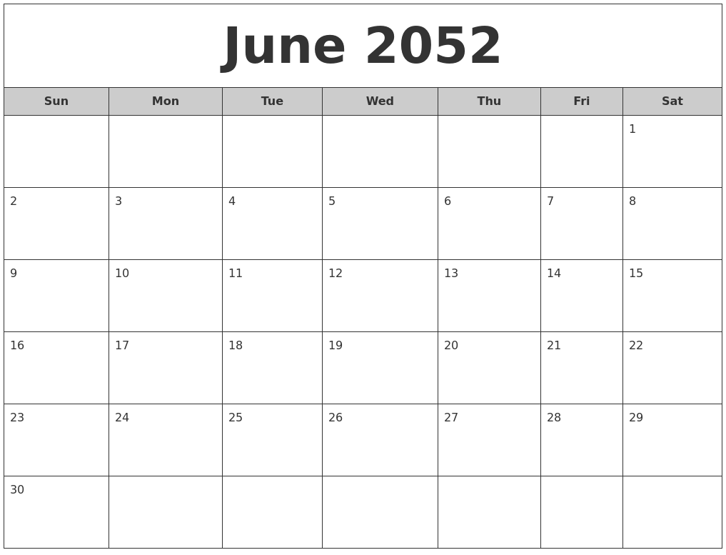 June 2052 Free Monthly Calendar