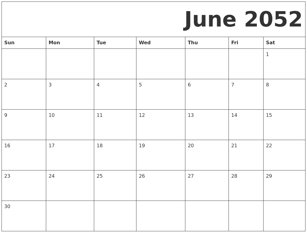 June 2052 Free Printable Calendar