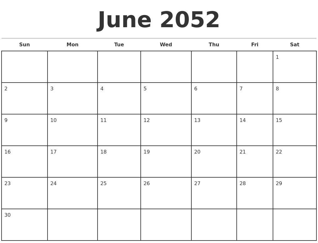 June 2052 Monthly Calendar Template