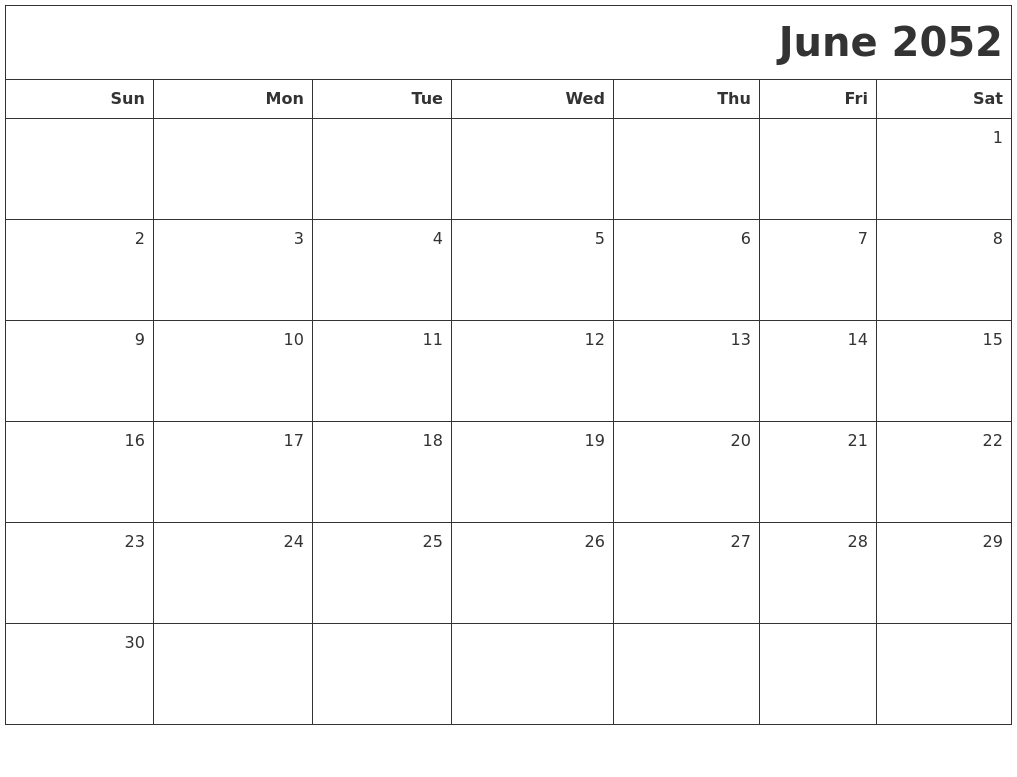 June 2052 Printable Blank Calendar