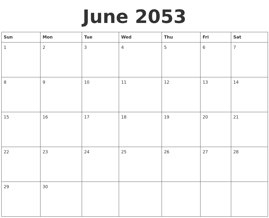 June 2053 Blank Calendar Template