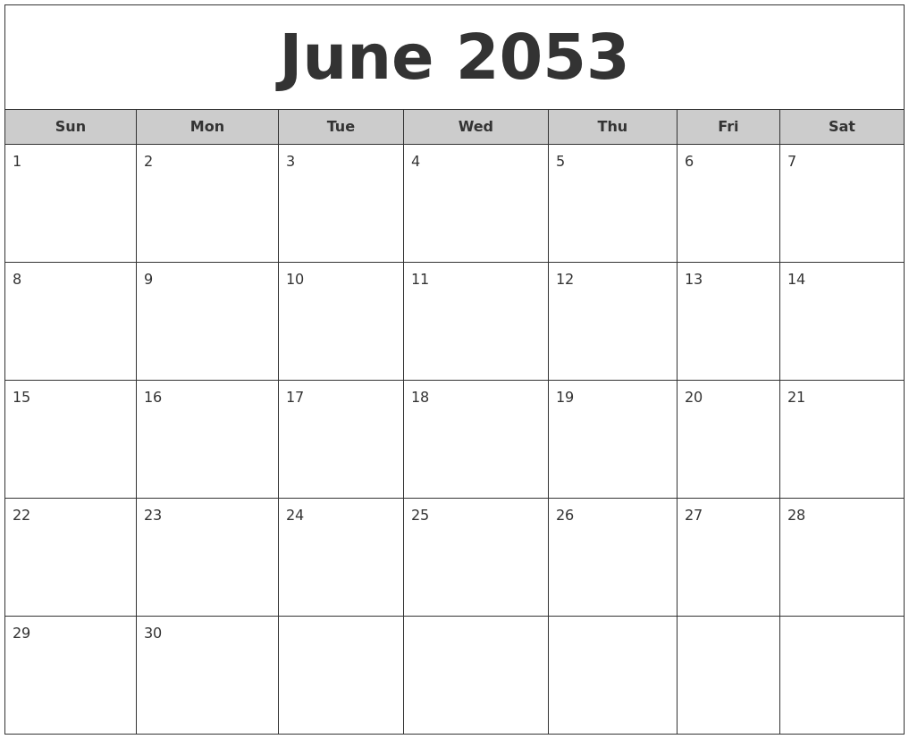 June 2053 Free Monthly Calendar