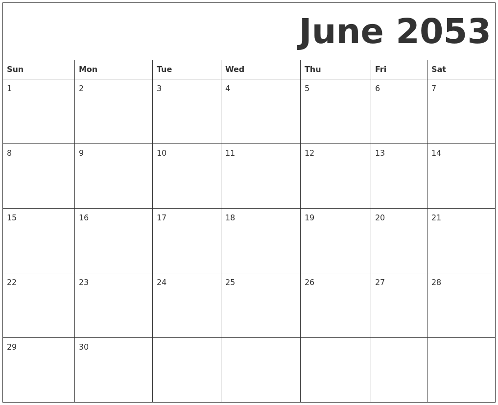 June 2053 Free Printable Calendar