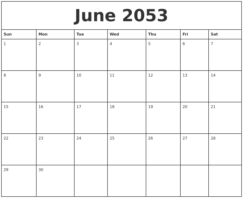 June 2053 Printable Monthly Calendar