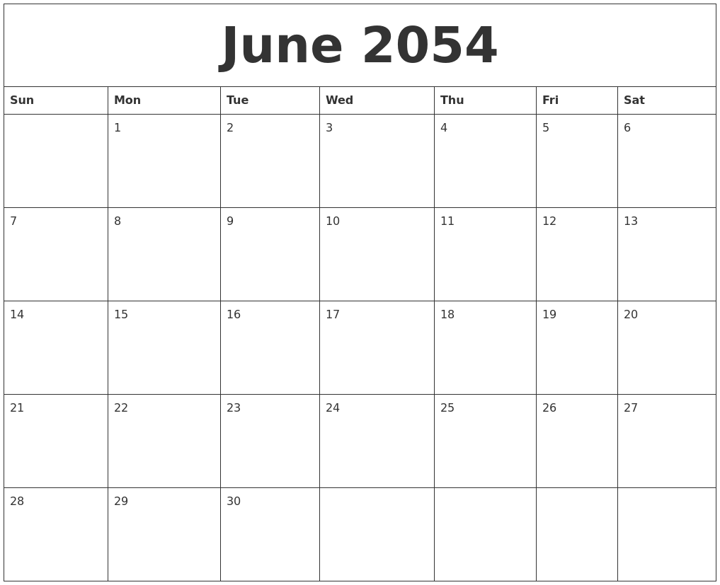 June 2054 Blank Calendar To Print