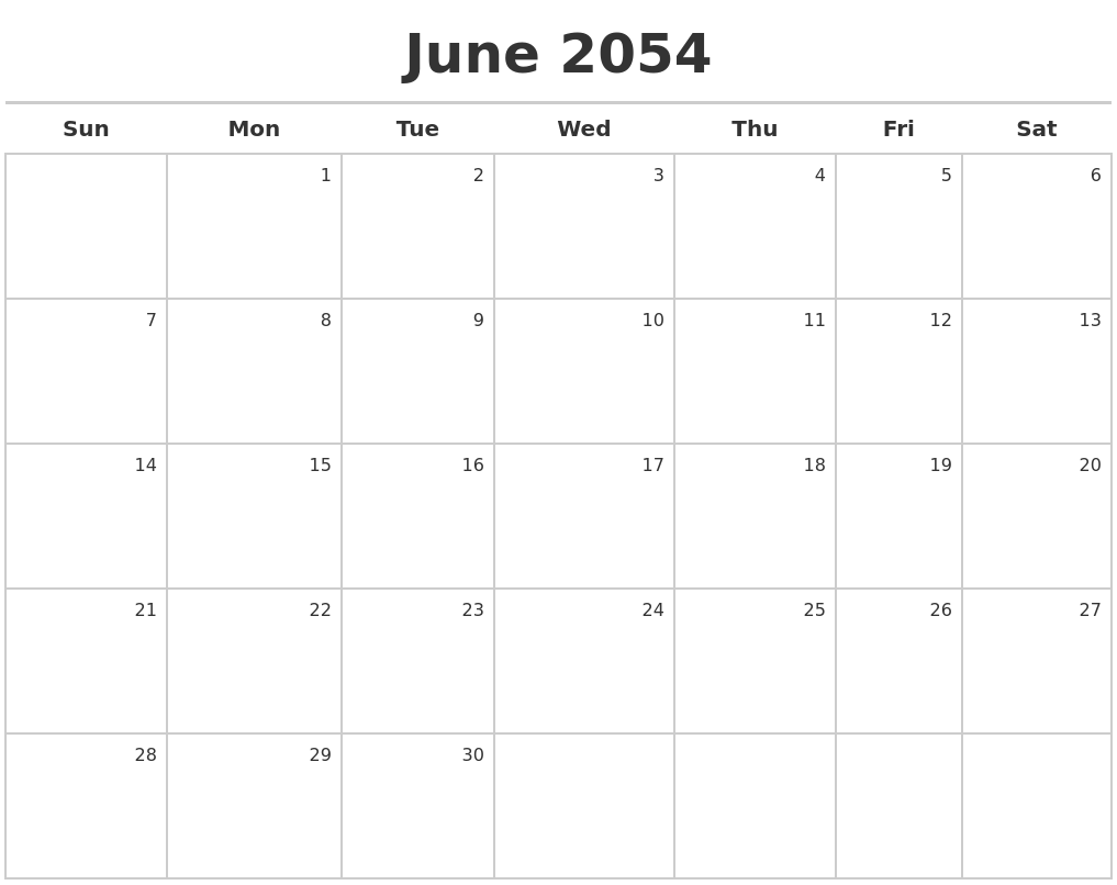 June 2054 Calendar Maker