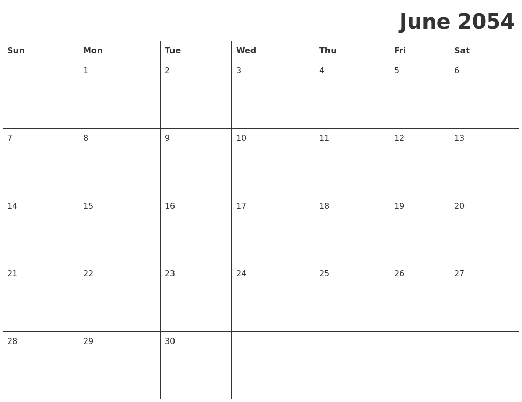 June 2054 Download Calendar