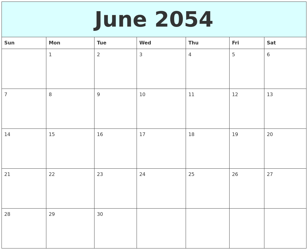 June 2054 Free Calendar