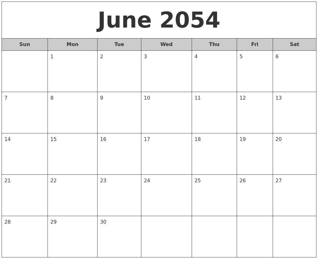 June 2054 Free Monthly Calendar