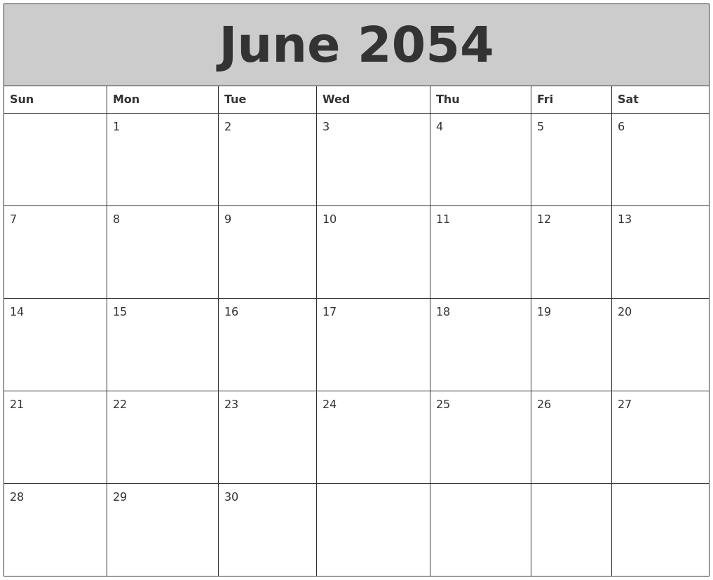 June 2054 My Calendar