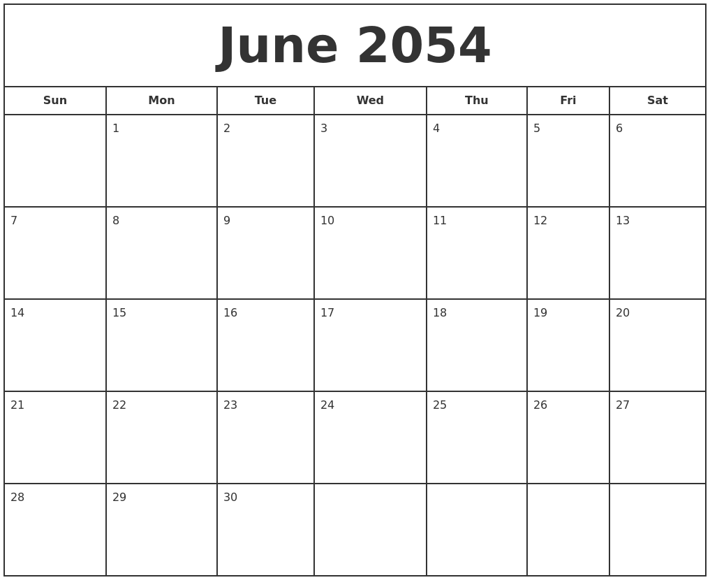 June 2054 Print Free Calendar