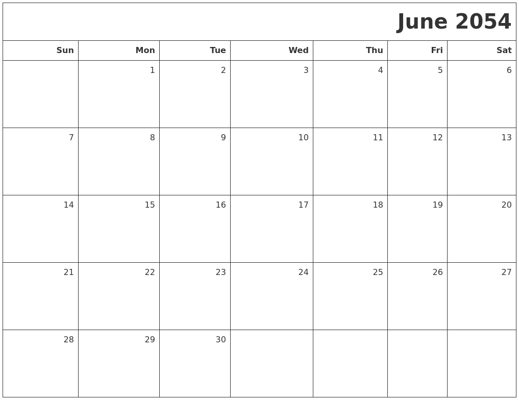 June 2054 Printable Blank Calendar