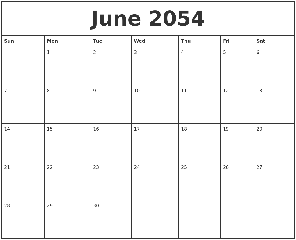 June 2054 Printable Calendar Free